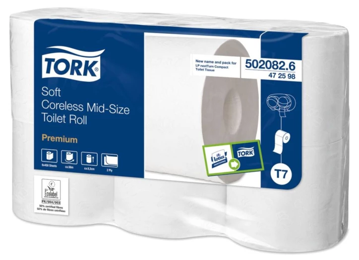 Papier toilette rouleau doux TORK Mid-size sans mandrin Premium